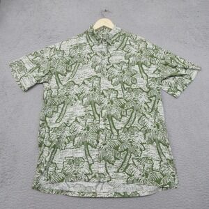 Two Paddles‎ Hawaiian Shirt Mens L Green Palm Tree Aloha Camp Made In Hawaii